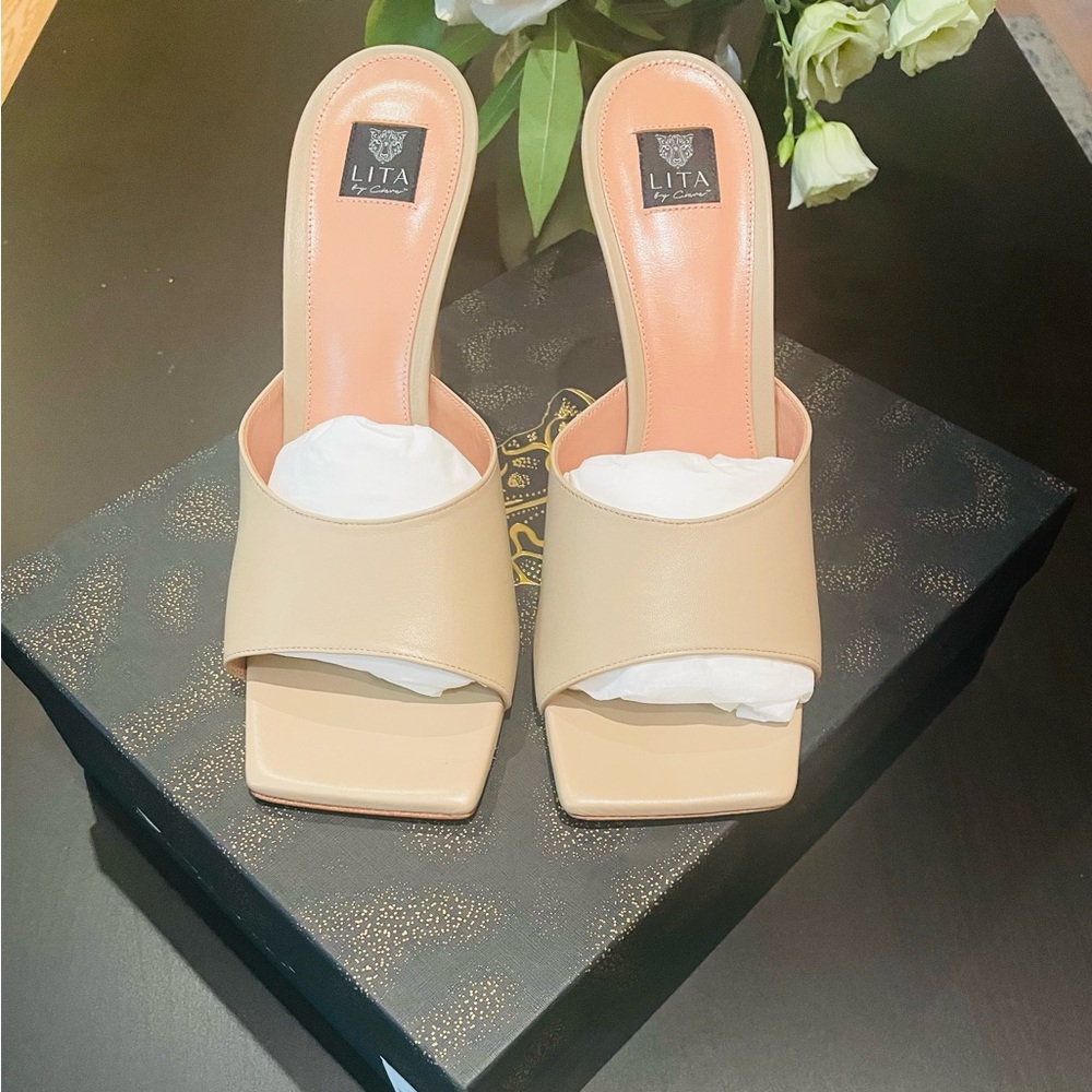 LITA by Carmine Nude Square-Toe Slide Heels